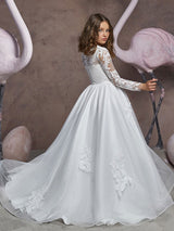 Jewel Neck Long Sleeves Embroidered Kids Party Dresses-Dbrbridal