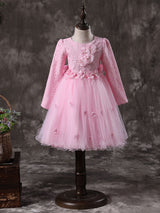 Jewel Neck Long Sleeves Flowers Formal Kids Pageant flower girl dresses-Dbrbridal