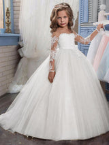 Jewel Neck Long Sleeves Lace Formal Kids Pageant flower girl dresses-Dbrbridal