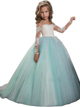 Jewel Neck Long Sleeves Lace Formal Kids Pageant flower girl dresses-Dbrbridal