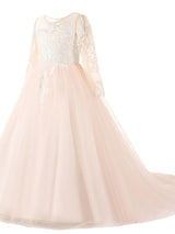Jewel Neck Long Sleeves Lace Formal Kids Pageant flower girl dresses-Dbrbridal