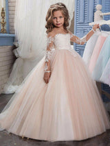 Jewel Neck Long Sleeves Lace Formal Kids Pageant flower girl dresses-Dbrbridal