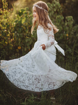Jewel Neck Long Sleeves Lace Kids Social Party Dresses-Dbrbridal