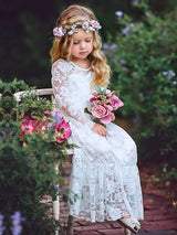 Jewel Neck Long Sleeves Lace Kids Social Party Dresses-Dbrbridal