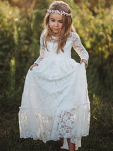 Jewel Neck Long Sleeves Lace Kids Social Party Dresses-Dbrbridal