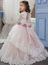 Jewel Neck Long Sleeves Sash Formal Kids Pageant flower girl dresses-Dbrbridal