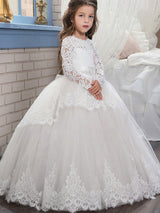 Jewel Neck Long Sleeves Sash Formal Kids Pageant flower girl dresses-Dbrbridal
