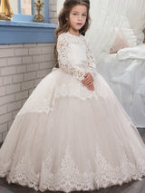Jewel Neck Long Sleeves Sash Formal Kids Pageant flower girl dresses-Dbrbridal