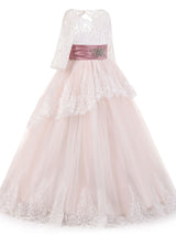Jewel Neck Long Sleeves Sash Formal Kids Pageant flower girl dresses-Dbrbridal