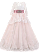 Jewel Neck Long Sleeves Sash Formal Kids Pageant flower girl dresses-Dbrbridal