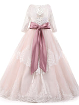 Jewel Neck Long Sleeves Sash Formal Kids Pageant flower girl dresses-Dbrbridal