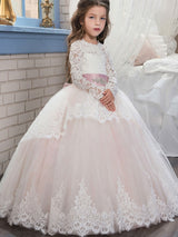 Jewel Neck Long Sleeves Sash Formal Kids Pageant flower girl dresses-Dbrbridal