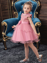 Jewel Neck Polyester Cotton Sleeveless Short Princess Beaded Kids Party Dresses-Dbrbridal