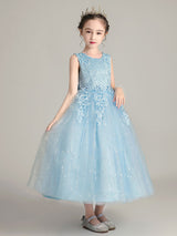 Jewel Neck Polyester Sleeveless Ankle Length Ball Gown Bows Kids Party Dresses-Dbrbridal