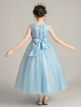 Jewel Neck Polyester Sleeveless Ankle Length Ball Gown Bows Kids Party Dresses-Dbrbridal