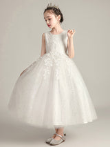 Jewel Neck Polyester Sleeveless Ankle Length Ball Gown Bows Kids Party Dresses-Dbrbridal