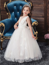 Jewel Neck Polyester Sleeveless Ankle-Length Bows Formal Kids Pageant flower girl dresses-Dbrbridal