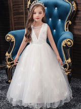 Jewel Neck Polyester Sleeveless Ankle-Length Bows Formal Kids Pageant flower girl dresses-Dbrbridal