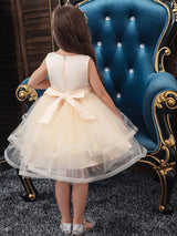 Jewel Neck Polyester Sleeveless Short Ball Gown Bows Kids Social Party Dresses-Dbrbridal