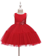 Jewel Neck Polyester Sleeveless Short Princess Bows Kids Party Dresses-Dbrbridal
