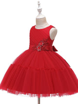 Jewel Neck Polyester Sleeveless Short Princess Bows Kids Party Dresses-Dbrbridal