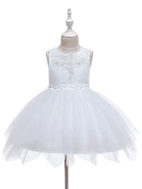 Jewel Neck Polyester Sleeveless Short Princess Bows Kids Social Party Dresses-Dbrbridal