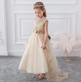 Jewel Neck Satin Fabric Sleeveless With Train Princess Lace Kids Party Dresses-Dbrbridal