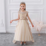 Jewel Neck Satin Fabric Sleeveless With Train Princess Lace Kids Party Dresses-Dbrbridal