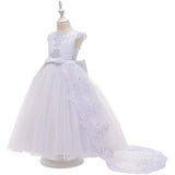 Jewel Neck Satin Fabric Sleeveless With Train Princess Lace Kids Party Dresses-Dbrbridal