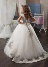 Jewel Neck Satin Fabric Sleeveless With Train Princess Lace Kids Party Dresses-Dbrbridal