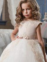 Jewel Neck Satin Fabric Sleeveless With Train Princess Lace Kids Party Dresses-Dbrbridal