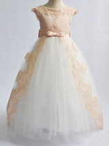 Jewel Neck Satin Fabric Sleeveless With Train Princess Lace Kids Party Dresses-Dbrbridal