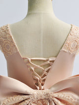 Jewel Neck Satin Fabric Sleeveless With Train Princess Lace Kids Party Dresses-Dbrbridal