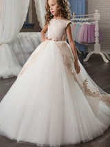 Jewel Neck Satin Fabric Sleeveless With Train Princess Lace Kids Party Dresses-Dbrbridal