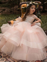 Jewel Neck Short Sleeves Applique Kids Social Pageant Dresses-Dbrbridal