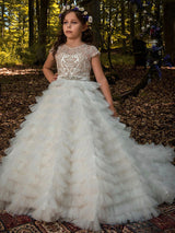 Jewel Neck Short Sleeves Embroidered Kids Party Dresses-Dbrbridal