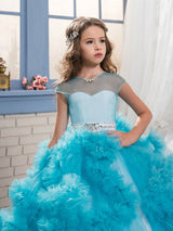 Jewel Neck Short Sleeves Rhinestones Kids Pageant flower girl dresses-Dbrbridal