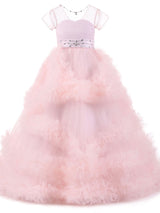 Jewel Neck Short Sleeves Rhinestones Kids Pageant flower girl dresses-Dbrbridal