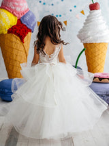 Jewel Neck Short Sleeves Tiered Kids Pageant flower girl dresses-Dbrbridal