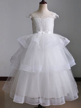 Jewel Neck Short Sleeves Tiered Kids Pageant flower girl dresses-Dbrbridal