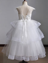 Jewel Neck Short Sleeves Tiered Kids Pageant flower girl dresses-Dbrbridal