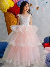 Jewel Neck Short Sleeves Tiered Kids Pageant flower girl dresses-Dbrbridal