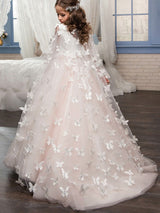 Jewel Neck Sleeveless Applique Detachable Tulle Warp Formal Kids Pageant flower girl dresses-Dbrbridal