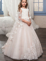 Jewel Neck Sleeveless Applique Detachable Tulle Warp Formal Kids Pageant flower girl dresses-Dbrbridal