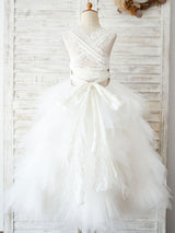 Jewel Neck Sleeveless Back Crossed-Lace Formal Kids Pageant flower girl dresses-Dbrbridal