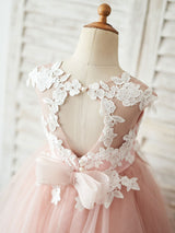 Jewel Neck Sleeveless Bows Formal Kids Pageant Tulle Dresses-Dbrbridal