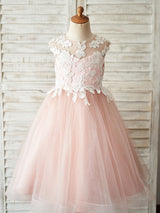 Jewel Neck Sleeveless Bows Formal Kids Pageant Tulle Dresses-Dbrbridal