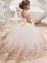 Jewel Neck Sleeveless Bows Kids Social flower girl dress-Dbrbridal