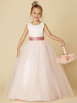 Jewel Neck Sleeveless Buttons Formal Ivory Kids Tulle Pageant Dresses-Dbrbridal