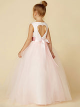 Jewel Neck Sleeveless Buttons Formal Ivory Kids Tulle Pageant Dresses-Dbrbridal